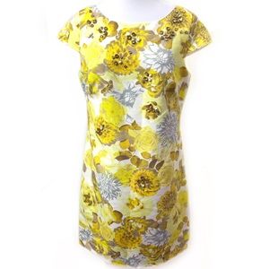 Eliza J 8 Yellow Floral Shift Dress Gold Jewel Cap Retro 60's